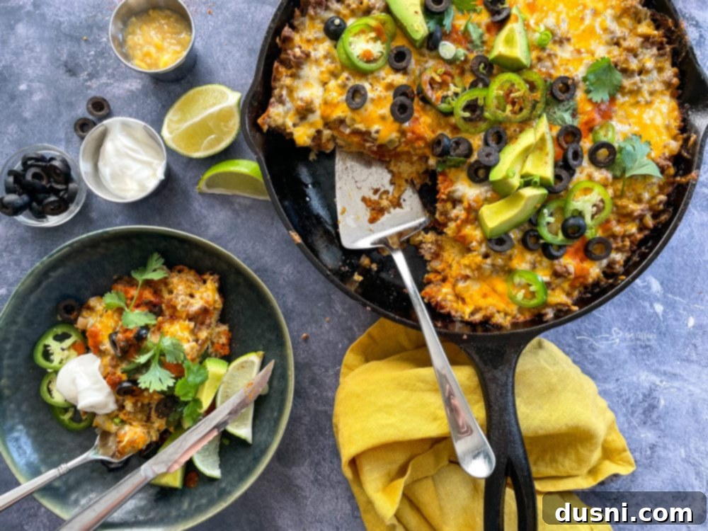 top view of tamale pie in skillet