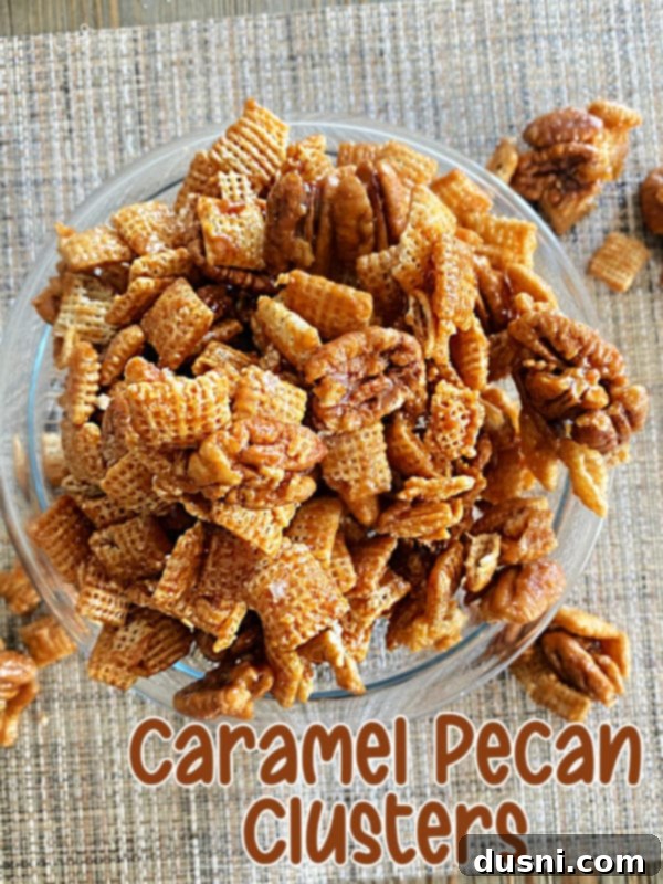Graphic promoting the caramel pecan clusters recipe, highlighting key ingredients and appeal.