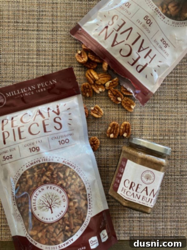 Bags of fresh pecans, ready for baking delicious caramel pecan clusters.