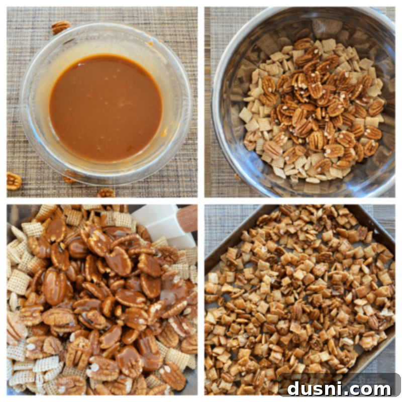 Caramel being poured over a bowl of Chex Mix and pecans, demonstrating the coating process.