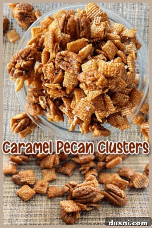 Graphic promoting the caramel pecan clusters recipe from An Affair from the Heart blog.