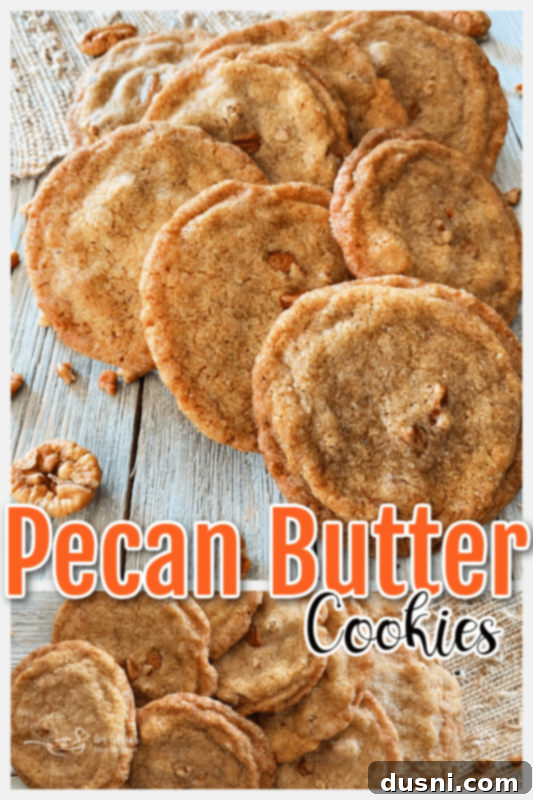 top view of pecan butter cookies with graphic