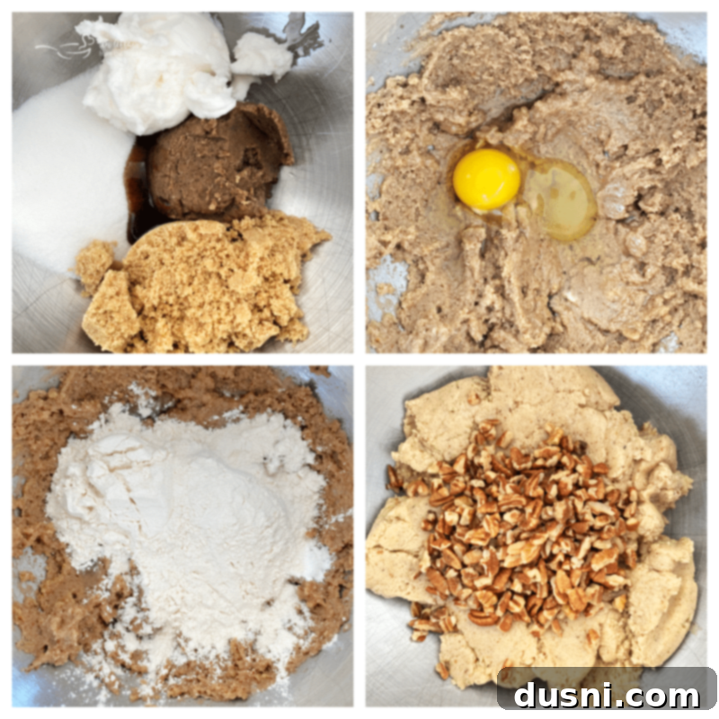 combing sugars with shortening, eggs with flour, dry ingredients with wet ingredients, and adding the pecans