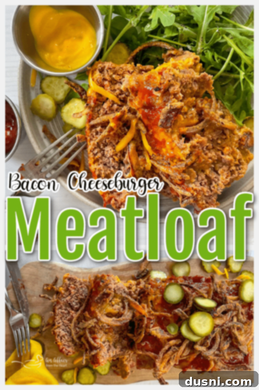 graphic for meatloaf made with bacon and cheese, with recipe title and website branding