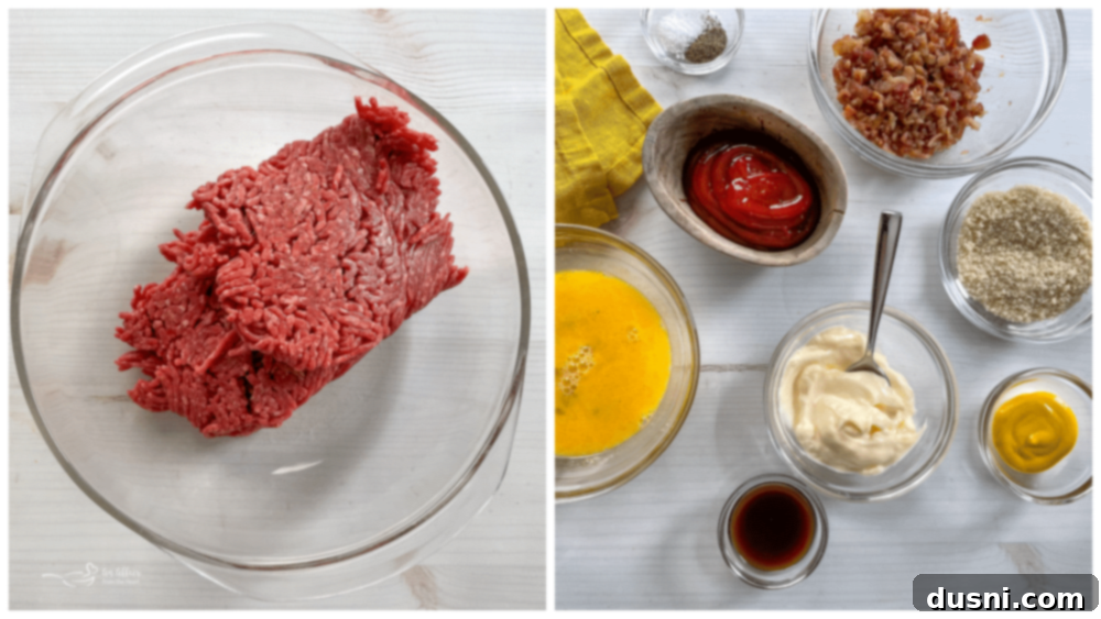 ground beef in bowl and other ingredients including ketchup, bacon, eggs, mayonnaise, mustard, breadcrumbs, worcestershire sauce, and seasonings