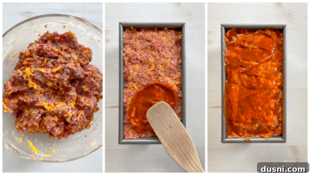 mixing meatloaf ingredients in a bowl and then transferring the formed loaf to a baking dish, topping it with ketchup and mustard sauce
