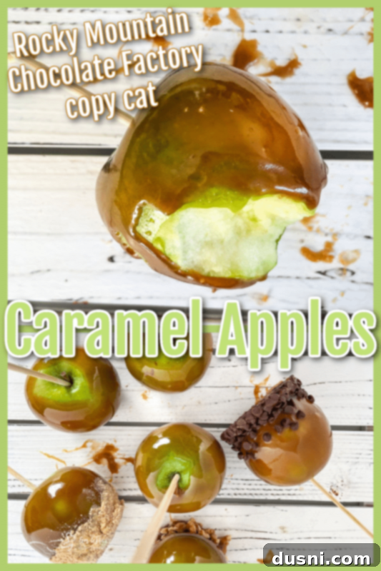 Crafting Golden Caramel Apple Treats 12 A beautifully decorated Rocky Mountain Chocolate Factory style caramel apple with various toppings.