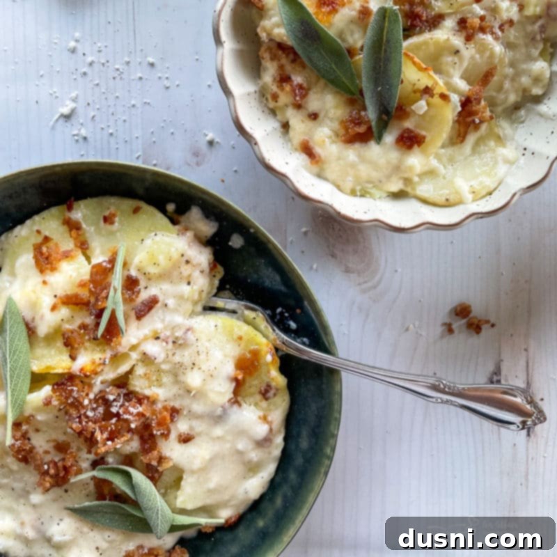 two bowls of potatoes au gratin topped with bacon and sage