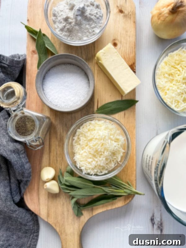 cheese, flour, salt, sage, garlic, pepper, butter on cutting board