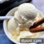 Homemade Cinnamon Vanilla Ice Cream in bowl with cinnamon sticks