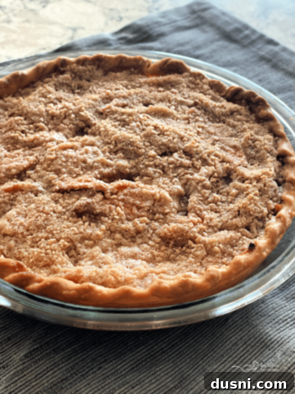 Golden Crumb Spiced Peach Pie 2 A warm slice of spiced peach pie with crumb topping, drizzled with caramel sauce.
