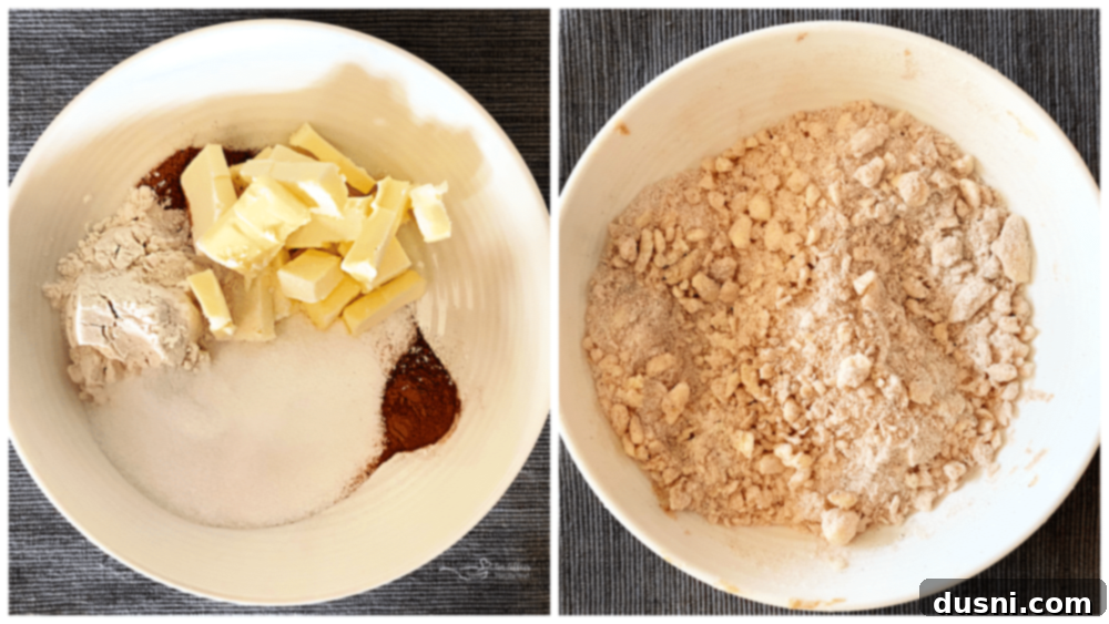 Golden Crumb Spiced Peach Pie 11 Ingredients for crumb topping in a bowl, with cold butter being crumbled.