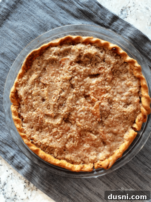 Golden Crumb Spiced Peach Pie 13 Finished spiced peach pie with crumb topping, ready to be served.