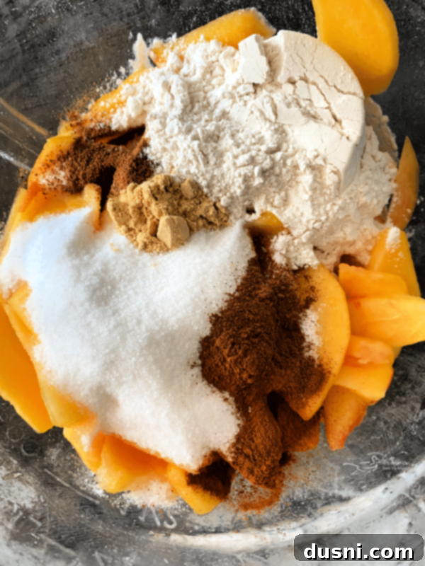 Bowl filled with sliced peaches and spices, ready to be mixed.