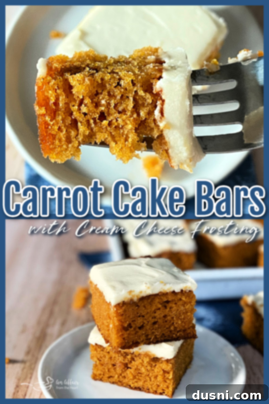Carrot Cake Bars A collage of two images showing carrot cake bars with cream cheese frosting, one a close-up of a single bar and the other a full tray, accompanied by descriptive text.