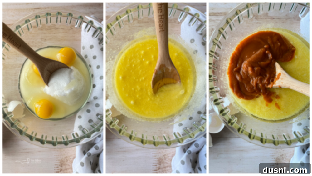 Carrot Cake Bars with Cream Cheese Frosting A series of images showing the process of mixing carrot cake batter, including eggs, sugar, oil, and baby food carrots being combined in a large bowl.