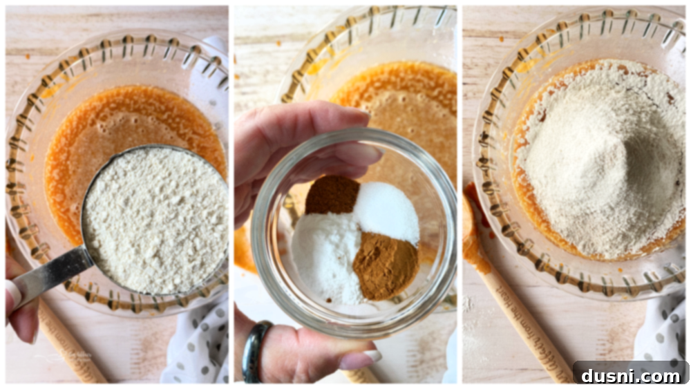 Carrot Cake Bars A sequence of images demonstrating the incorporation of dry ingredients, including flour, into the wet carrot cake batter in a mixing bowl.