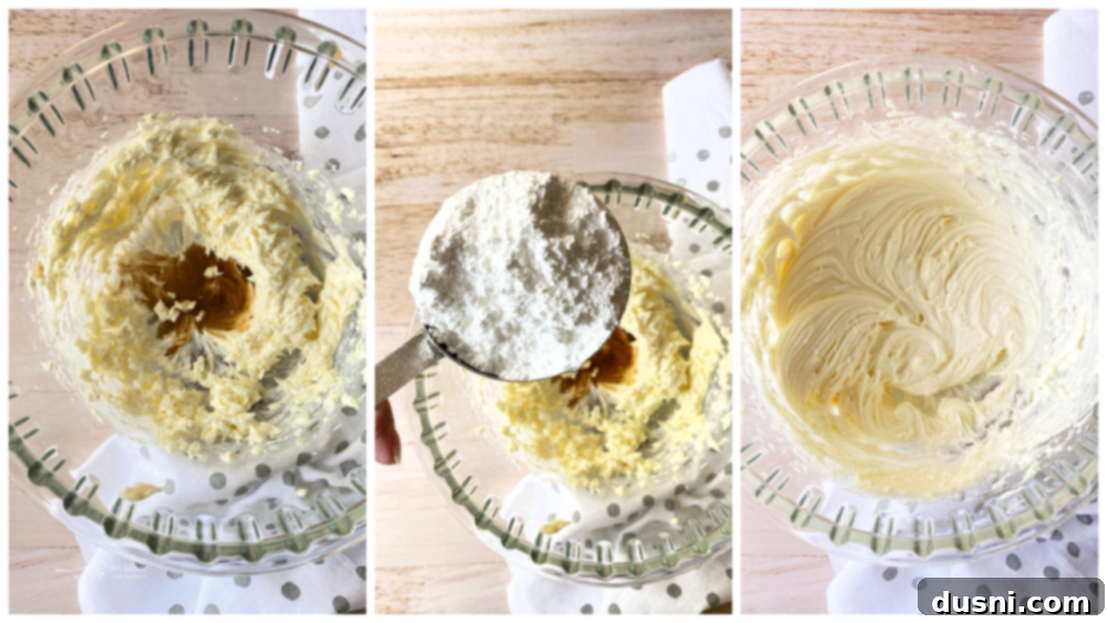 Carrot Cake Bars Recipe A visual guide showing softened butter and cream cheese being creamed together, followed by the addition of vanilla extract and powdered sugar, creating a smooth frosting.