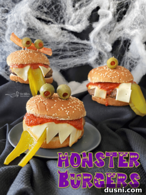 A completed Halloween Monster Burger with all its spooky decorations, ready to be served at a festive gathering.