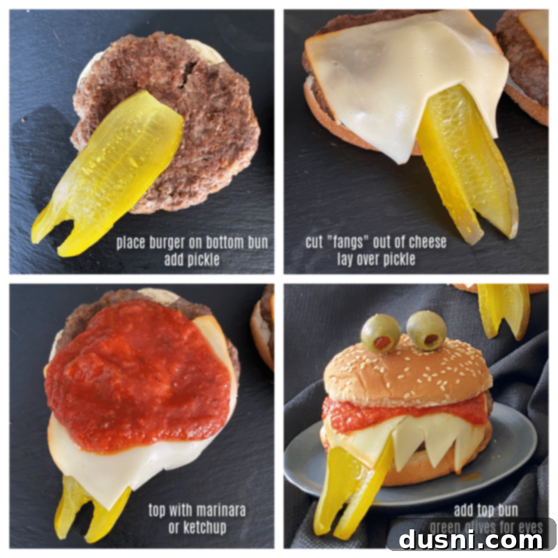 Step-by-step assembly of a Monster Burger, showcasing cheese teeth, pickle tongue placement, and how to add olive eyes and bacon eyebrows.