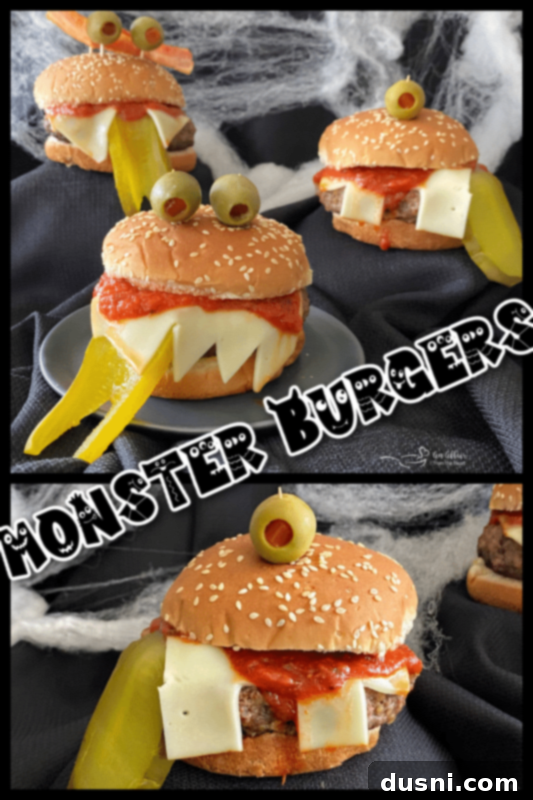 A creative collage of various Halloween monster burger designs, offering inspiration for different spooky decorations and toppings.