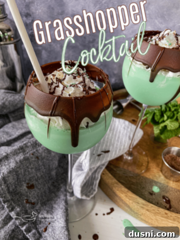 Rebel Shirley Float 11 Grasshopper cocktail garnished with a chocolate wafer and mint sprig