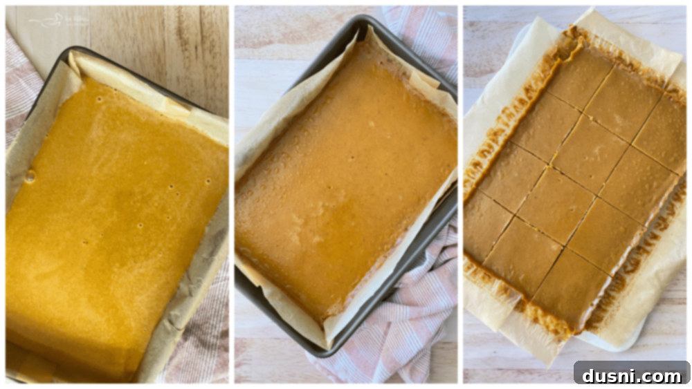 Pouring pumpkin filling over shortbread crust