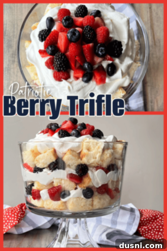 A stunning red, white, and blue Berry Trifle in a glass bowl, perfect for patriotic holidays.