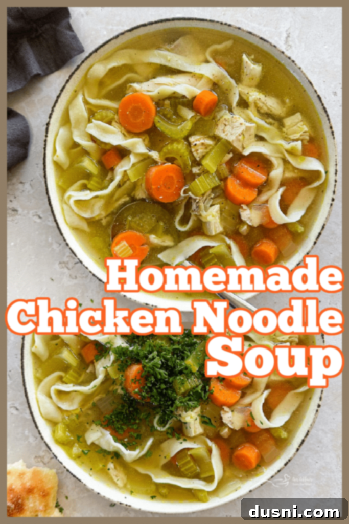 Soul-Soothing Chicken Noodle Soup 11 Close-up of a ladle serving homemade chicken noodle soup from a large pot into a white bowl, capturing the steam and rich texture.