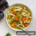 Soul-Soothing Chicken Noodle Soup 15 Close up of Homemade Chicken Noodle Soup and a spoon in a white bowl.