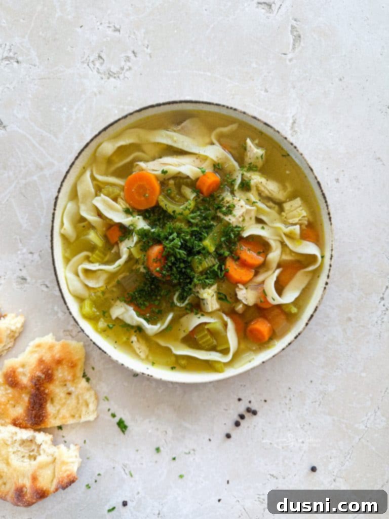 Soul-Soothing Chicken Noodle Soup 3 A delicious bowl of homemade chicken noodle soup with fresh herbs, ready to be served as a comforting meal.