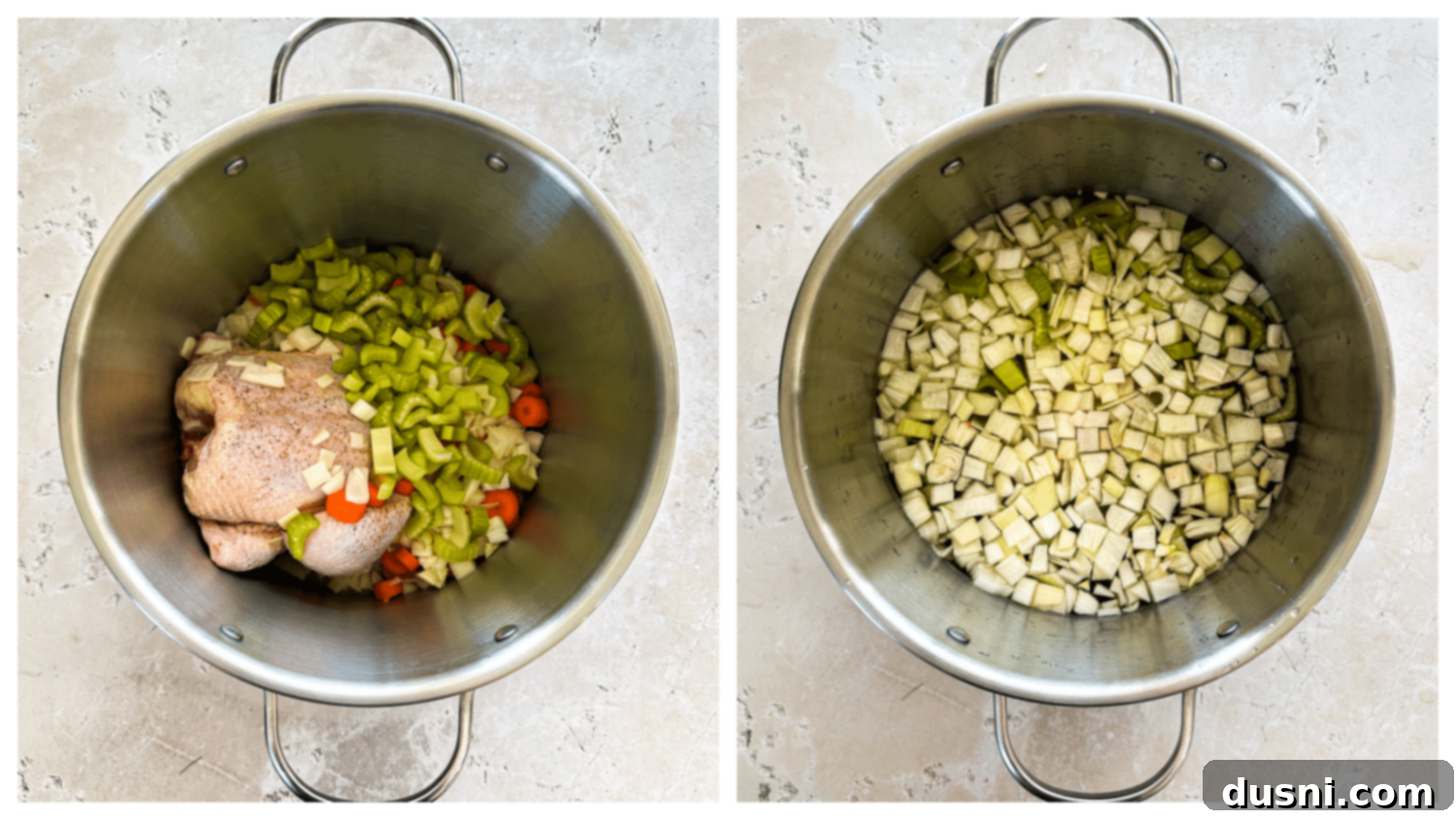 Soul-Soothing Chicken Noodle Soup 6 Large pot with whole chicken, chopped onions, carrots, and celery, submerged in chicken broth and water, ready for simmering.