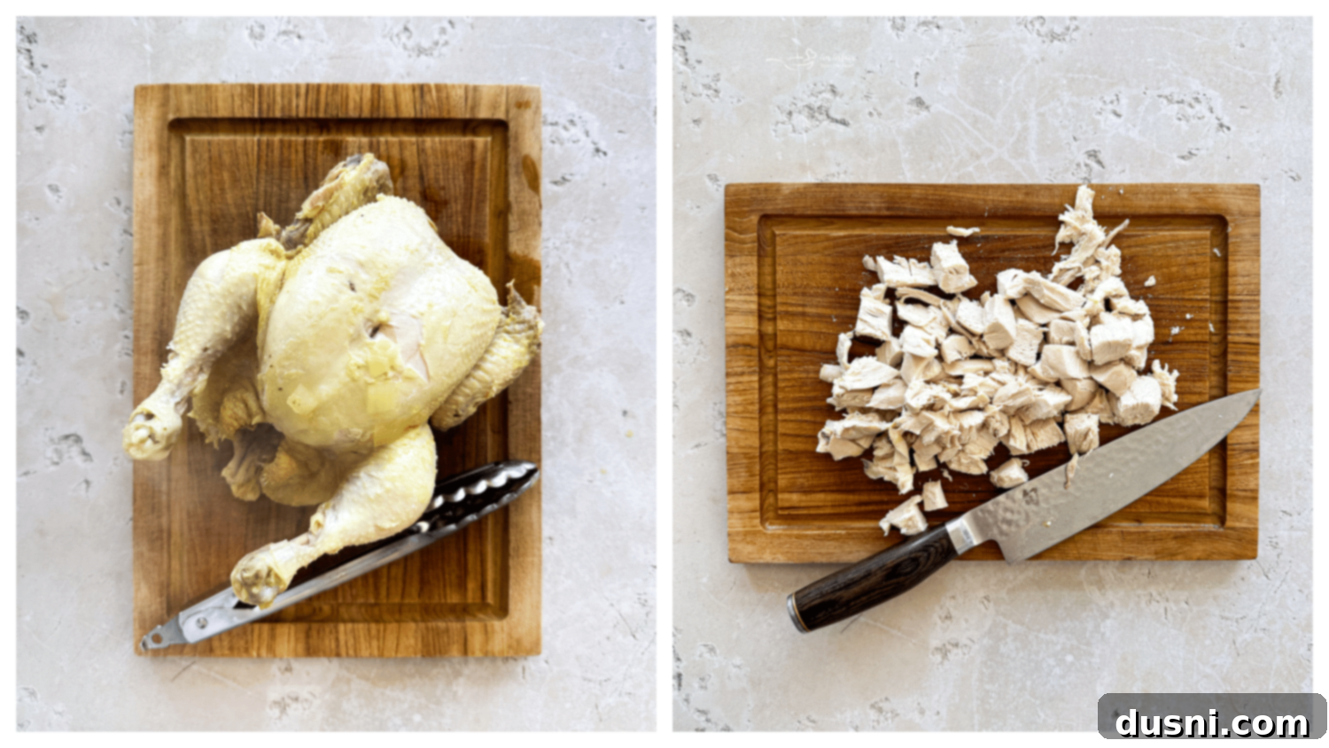 Soul-Soothing Chicken Noodle Soup 8 Cooked chicken meat shredded and diced, added back into the soup pot with softened carrots, celery, and onions, in a rich broth.