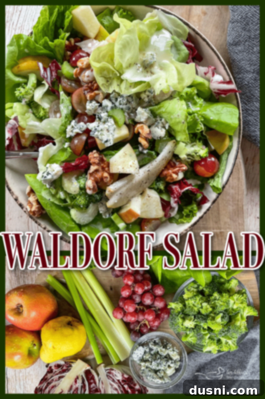 Chicken Waldorf Salad Recipe A collage of two appetizing images of Grilled Chicken Waldorf Salad with fresh fruits and chicken, showcasing different angles and plating styles.
