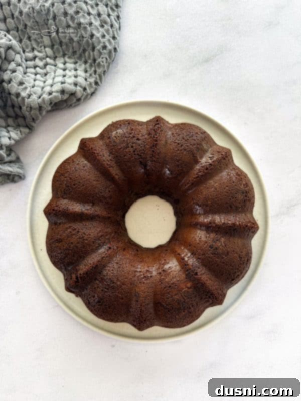 Velvet Espresso Chocolate Torte 9 Chocolate espresso cake baking in a bundt pan.