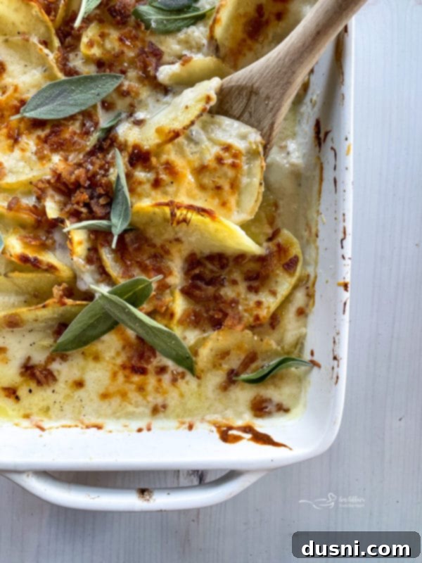A dish of cheesy potatoes au gratin, baked to golden perfection with a serving spoon.