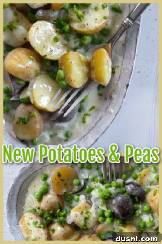 Two side-by-side images of creamed new potatoes and peas with creamy white sauce.