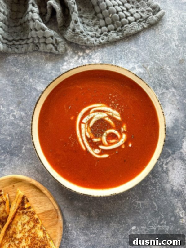 A bowl of finished fire-roasted tomato soup, garnished with fresh herbs.