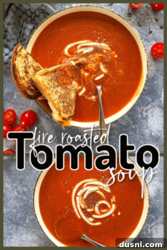 A bowl of fire-roasted tomato soup with a white title overlay 