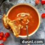 Fire Roasted Tomato soup with a grilled cheese sandwich halved and a spoon in a white bowl.