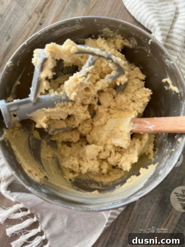 Close-up of butter and sugar being creamed together in a mixing bowl for spritz cookies