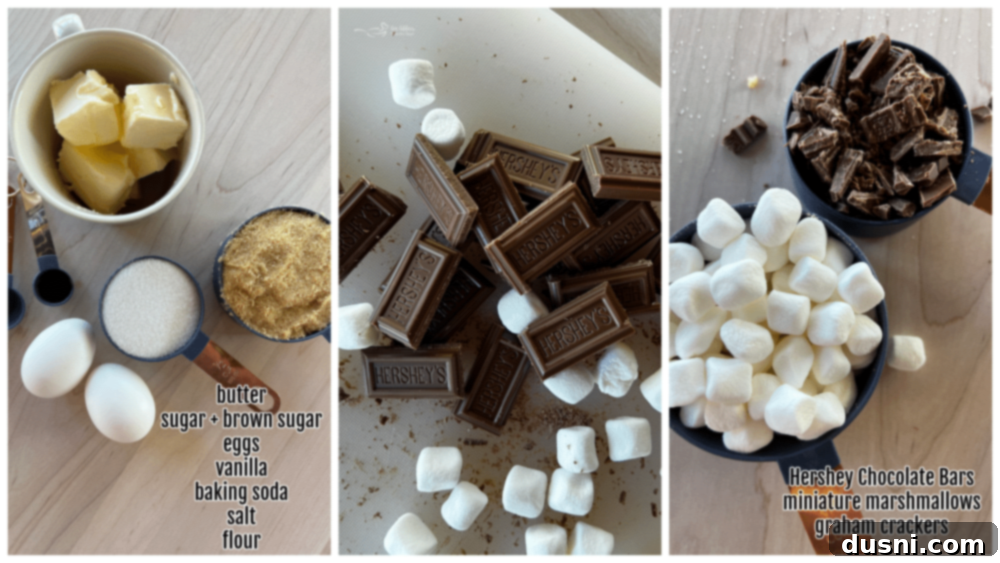 Gooey S'mores Cookie Bars 5 Ingredients for S'mores Cookie Bars laid out