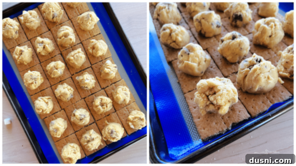 Gooey S'mores Cookie Bars 9 Dough balls placed on graham cracker squares