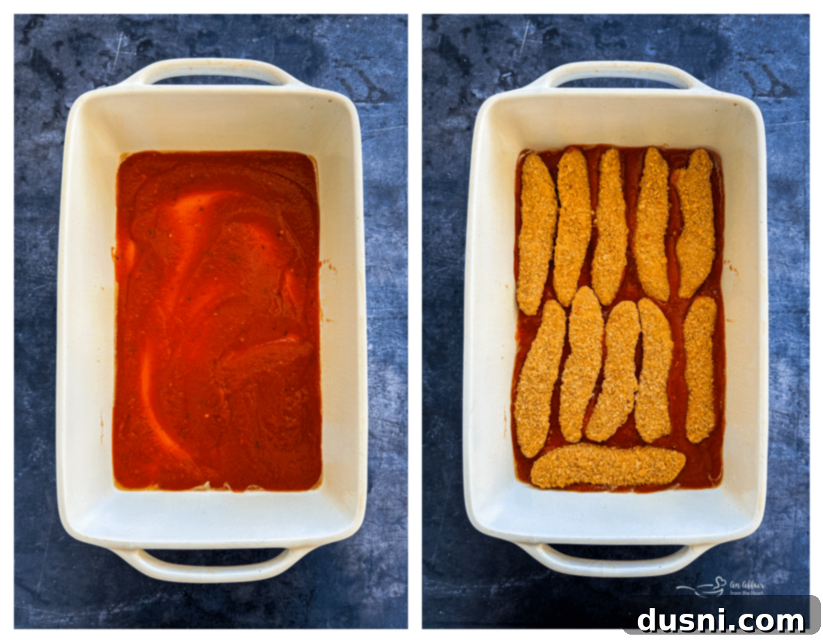 Busy Nights Chicken Parmesan Bake 6 Step 1: Spreading sauce in a baking dish for chicken parmesan.