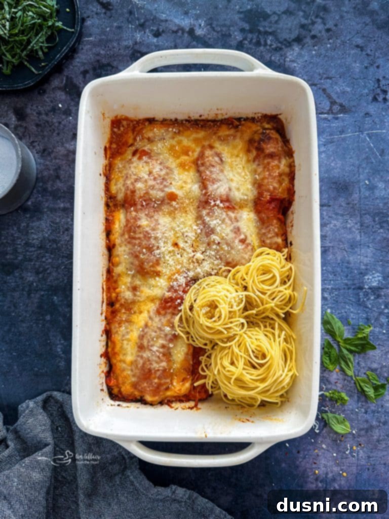 Busy Nights Chicken Parmesan Bake 9 Baked chicken parmesan, ready to be served.