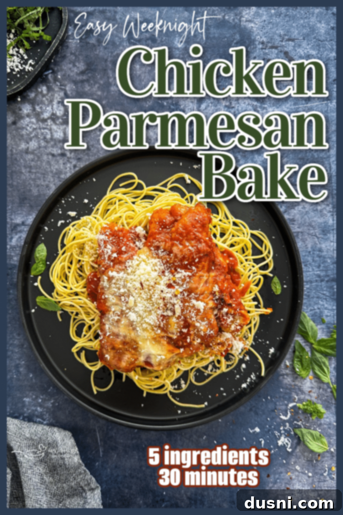 Busy Nights Chicken Parmesan Bake 10 A dish of easy weeknight chicken parmesan ready to serve.