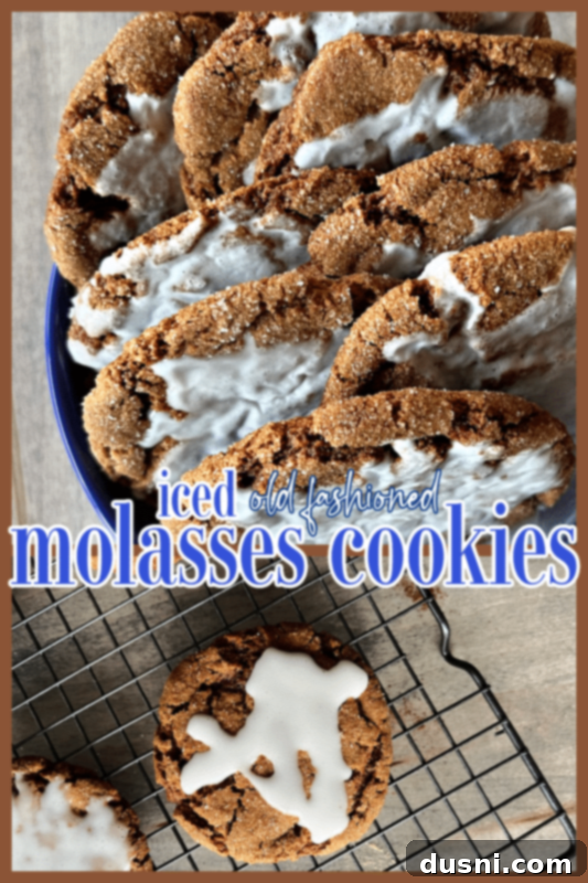 Old-Fashioned Iced Molasses Cookies A collage featuring two irresistible images of iced molasses cookies, perfect for sharing on Pinterest, highlighting their soft and chewy texture.