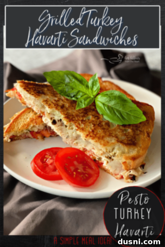 Warm Turkey Havarti Melts 6 Pin-friendly image of grilled turkey and Havarti sandwich
