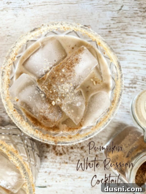 Velvet Pumpkin White Russian 14 A festive close-up of a Pumpkin White Russian cocktail with a sugar and spice rim, capturing the essence of holiday cheer.