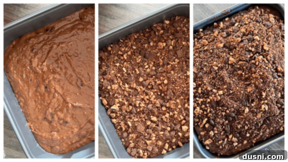 Decadent Bittersweet Chocolate Coffee Cake 9 Image showing layering of cake batter and streusel